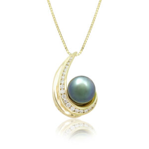 Tahitian Peacock Pearl Crescent Diamond Pendant - 14K Yellow Gold Hawaiian Jewelry