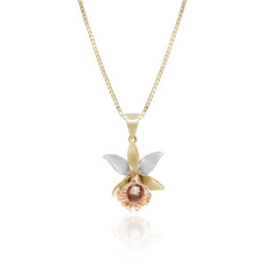 Tri Color Gold Orchid Small Pendant with Diamond - 14K Yellow Gold Pendants Hawaiian Jewelry