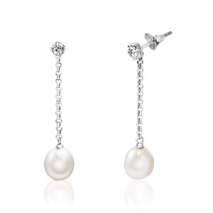 Sterling Silver Freshwater Pearl Dangling Chain Earrings with CZ - Cubic Zirconia Hawaiian Jewelry