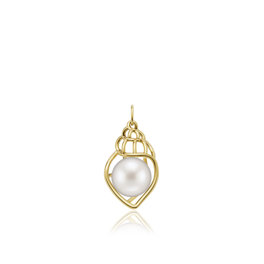 Gold Conch Shell Pendant with 8mm White Freshwater Pearl - 14K Yellow Gold Hawaiian Jewelry