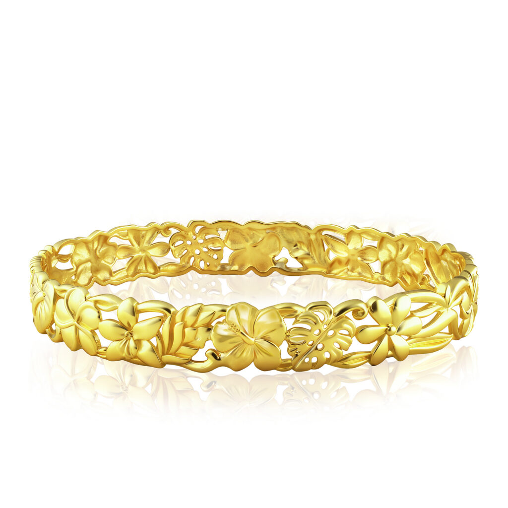 10mm Island Flower Scalloped Bangle - 14K Yellow Gold Hawaiian Jewelry