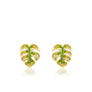 Gold Monstera Diamond Earrings with Sapphires - 14K Yellow Gold Hawaiian Jewelry