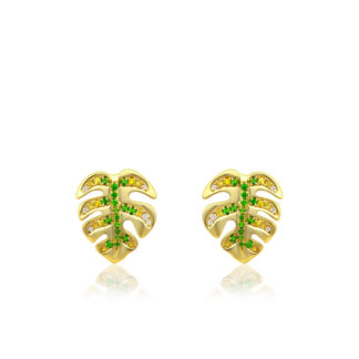 Gold Monstera Diamond Earrings with Sapphires