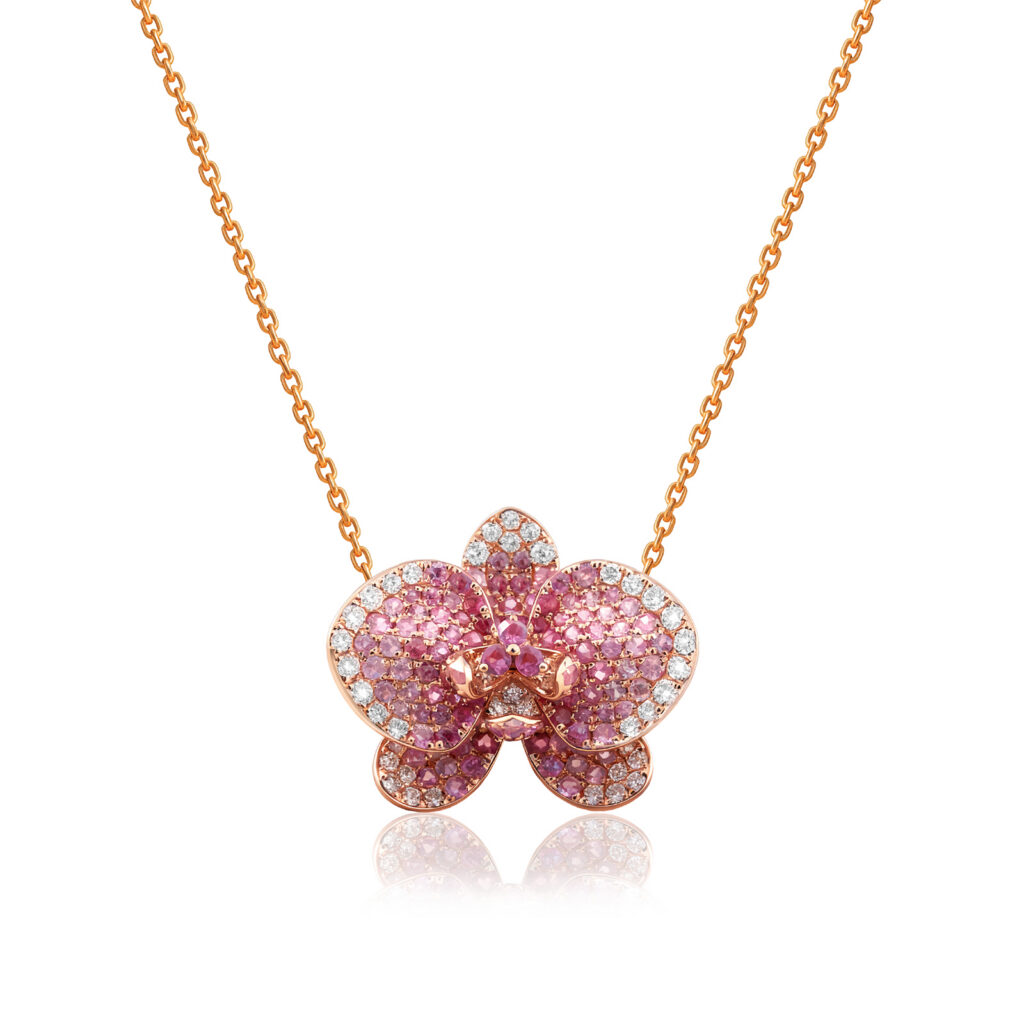 Ombre Orchid Necklace in Rose Gold with Adjustable Cable Chain - 14K Rose Gold Hawaiian Jewelry