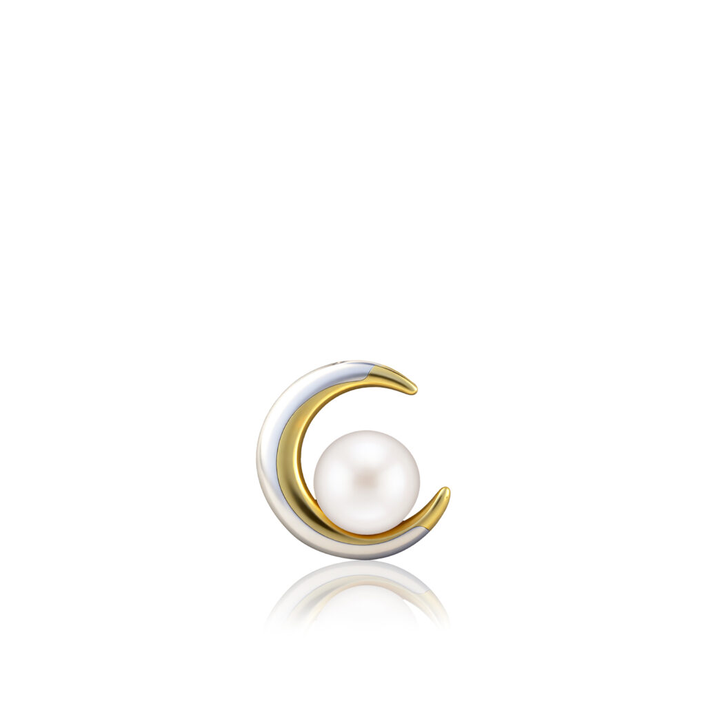 Two Tone Moon Pendant with 7mm White Freshwater Pearl - 14K Yellow Gold Pendants Hawaiian Jewelry