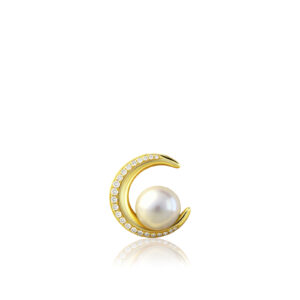 Diamond Moon Pendant with 7mm White Freshwater Pearl - 14K Yellow Gold Hawaiian Jewelry