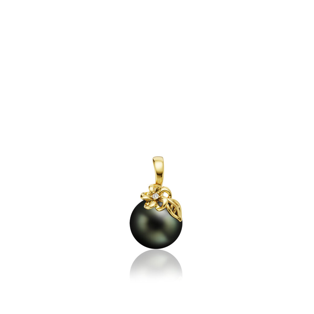 9mm Tahitian Black Pearl Pendant with Diamond Floating Plumeria Leaf - 14K Yellow Gold Hawaiian Jewelry