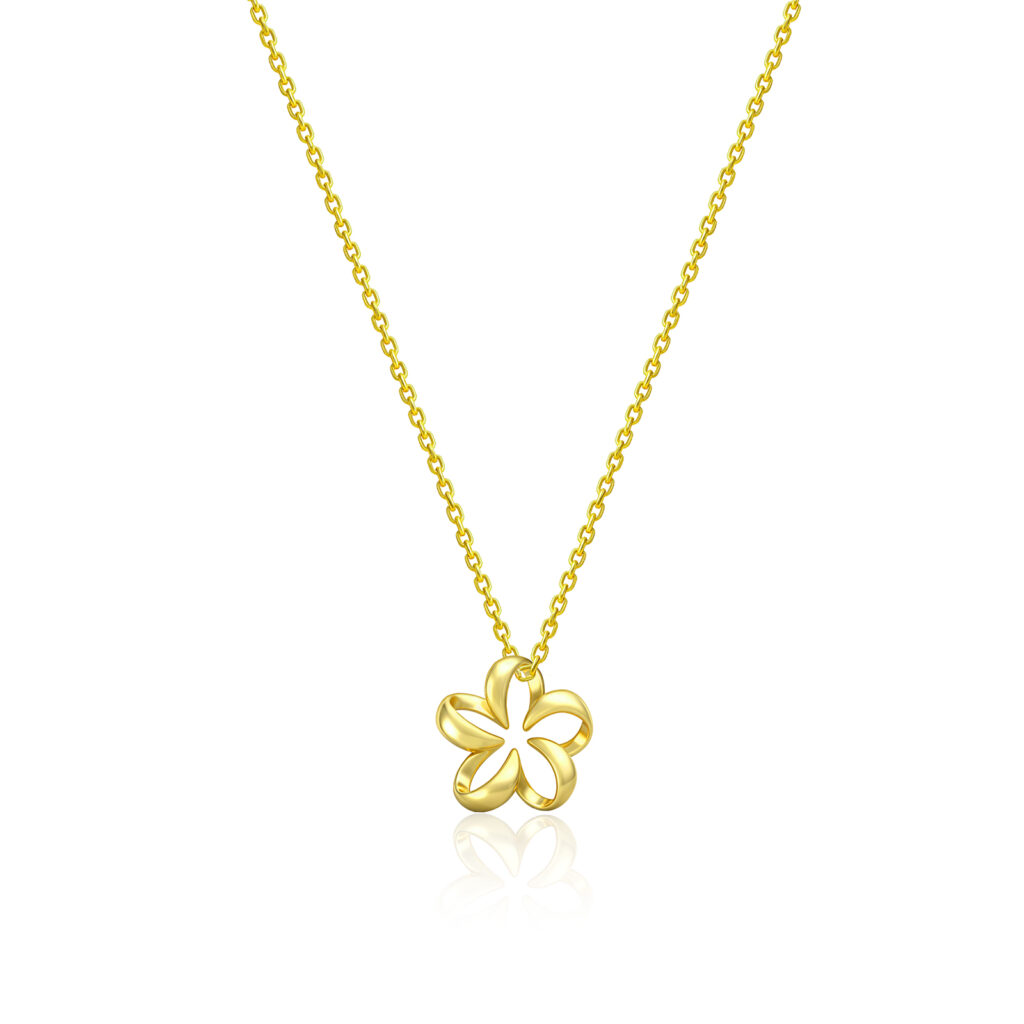 Floating Plumeria Charm Necklace with 13″ Cable Chain - 14K Yellow Gold Hawaiian Jewelry