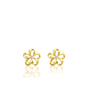 Diamond Floating Plumeria Stud Earrings10mm - 14K Yellow Gold Hawaiian Jewelry