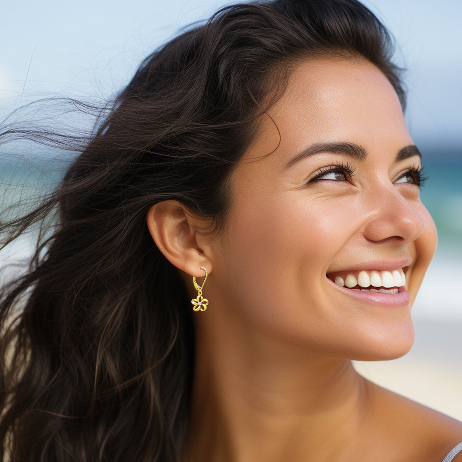 Diamond Floating Plumeria Leverback Earrings in Yellow Gold 10mm - Image 2