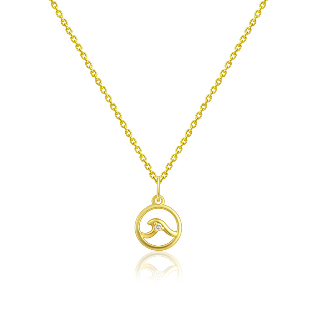 Diamond Wave Necklace with 13″ Cable Chain - 14K Yellow Gold Hawaiian Jewelry