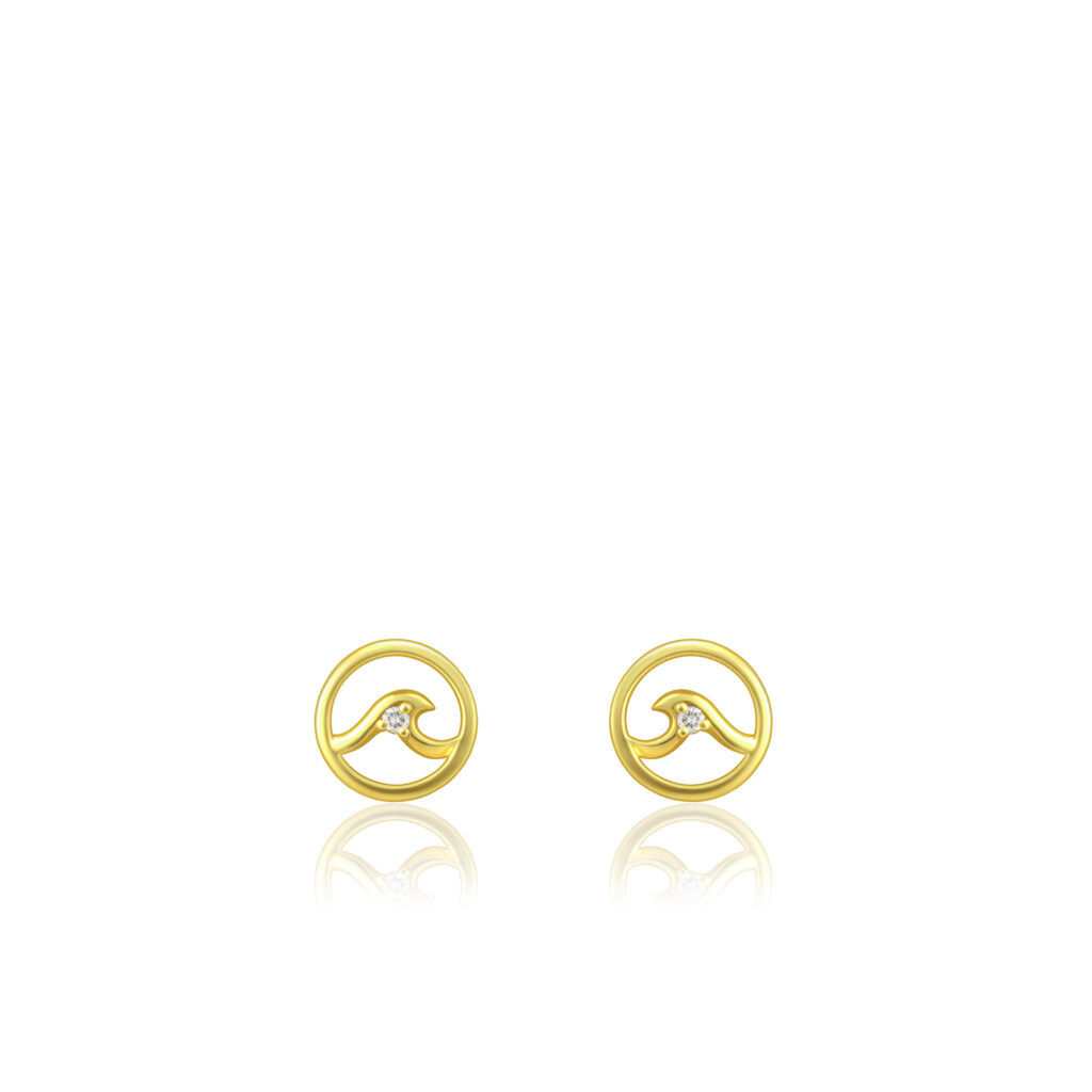 Diamond Wave Stud Earrings - 14K Yellow Gold Hawaiian Jewelry