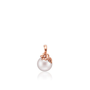 9mm Freshwater White Pearl Pendant with Diamond Floating Plumeria Leaf - 14K Rose Gold Hawaiian Jewelry