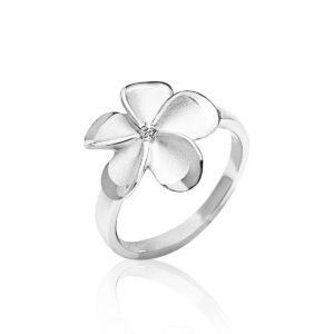 Silver Queen Plumeria Diamond Ring - Diamond Hawaiian Jewelry