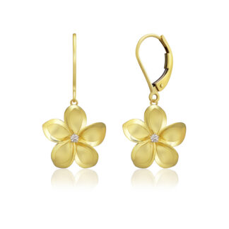 15mm Diamond Plumeria Leverback Earrings in Yellow Gold