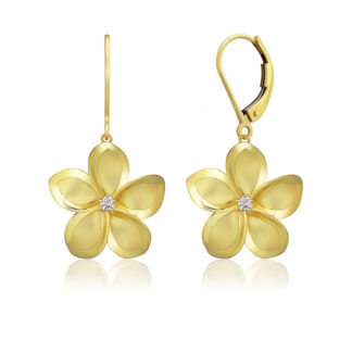18mm Diamond Plumeria Leverback Earrings in Yellow Gold