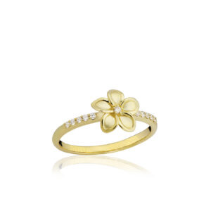 Deluxe Diamond Plumeria Ring - 14K Yellow Gold Hawaiian Jewelry