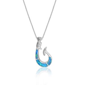 Fishhook Silver Pendant with Simulated Blue Opal