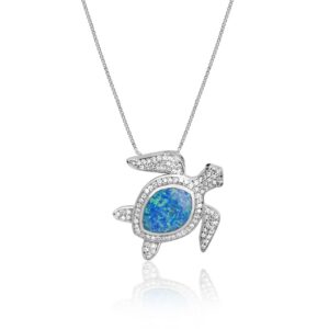 CZ Turtle Sterling Silver Pendant with Blue Opal