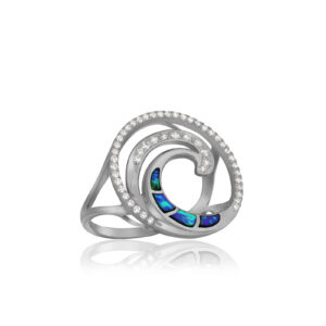 Deluxe Blue Opal Lustrous Diamond Wave Ring 19mm