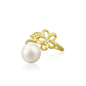 Diamond Floating Plumeria Leaf Ring with 9mm White Freshwater Pearl