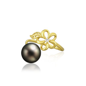 Diamond Floating Plumeria Leaf Ring with 9mm Tahitian Black Pearl