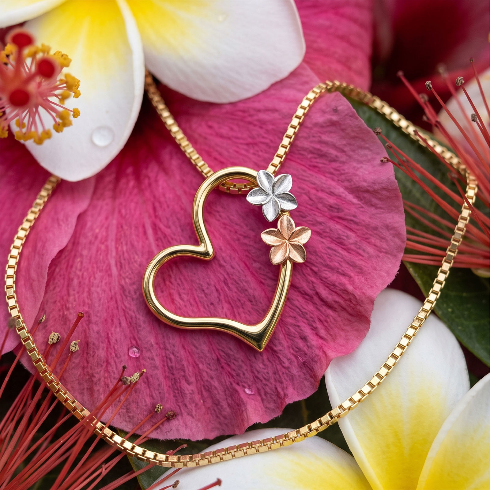 Tri-Color Heart Plumeria Pendant 14K Gold - Image 4
