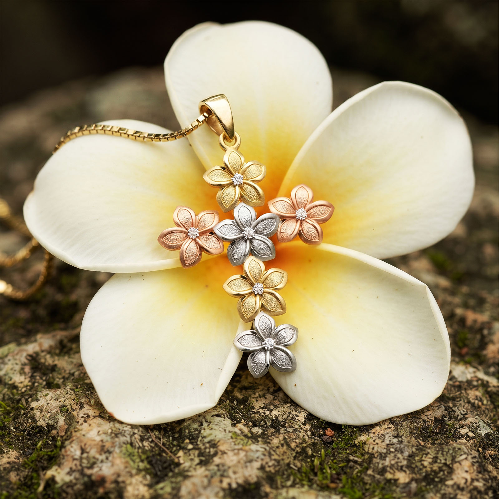 Tri Color Diamond Plumeria Cross Pendant - Image 4