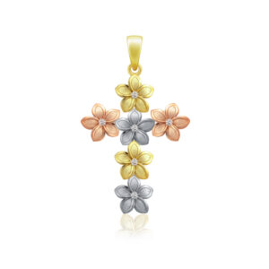 Tri Color Diamond Plumeria Cross Pendant