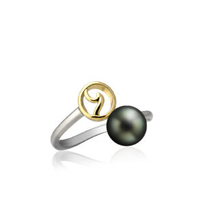 Mini Gold Wave Ring with 8mm Tahitian Black Pearl